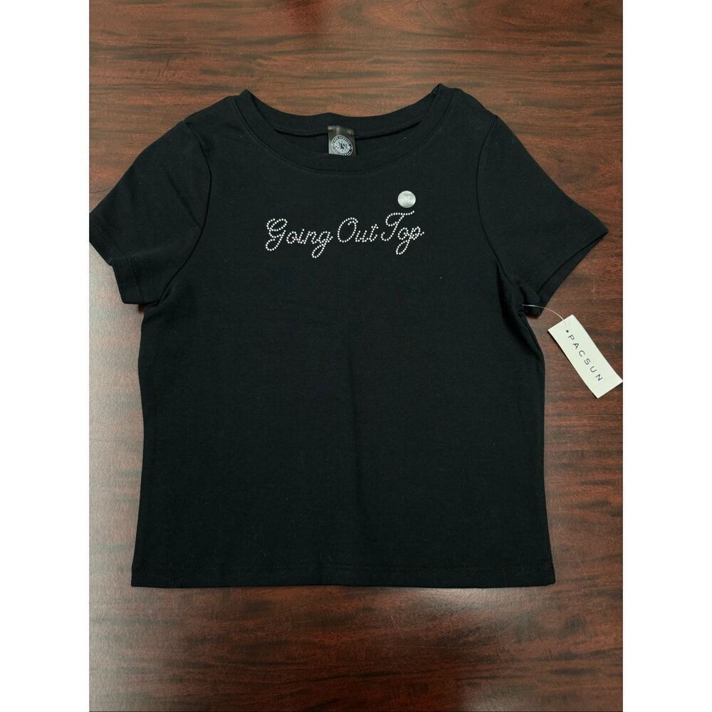 NWT Pacsun Black Baby Tee “Going Out Top” with Rhinestones Size Medium